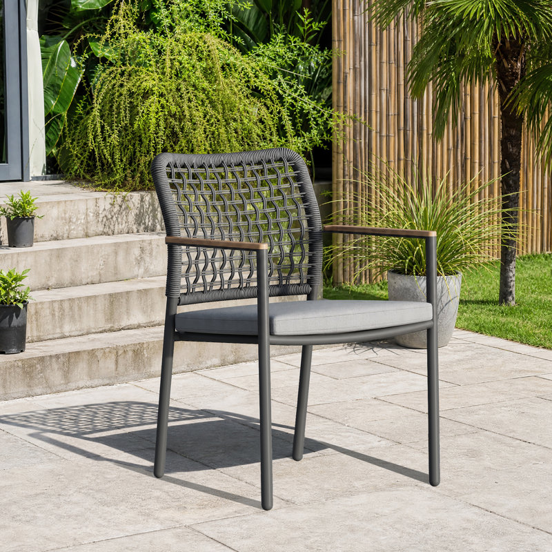 Chaise avec accoudoirs de terrasse en tissu Coral de 22 po de largeur pour l'extérieur, fauteuil résistant aux intempéries avec accoudoirs en bois de teck massif et coussin de siège moelleux