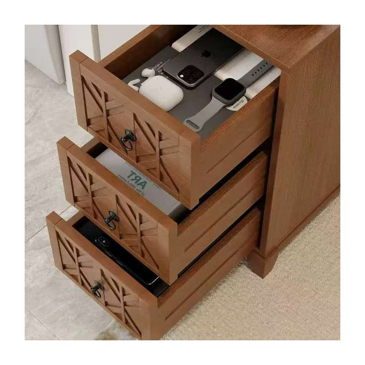 Natural Rubber Wood Corner End Table with 3 Drawers, 2 Open Shelves, and X-Carved Front Panel