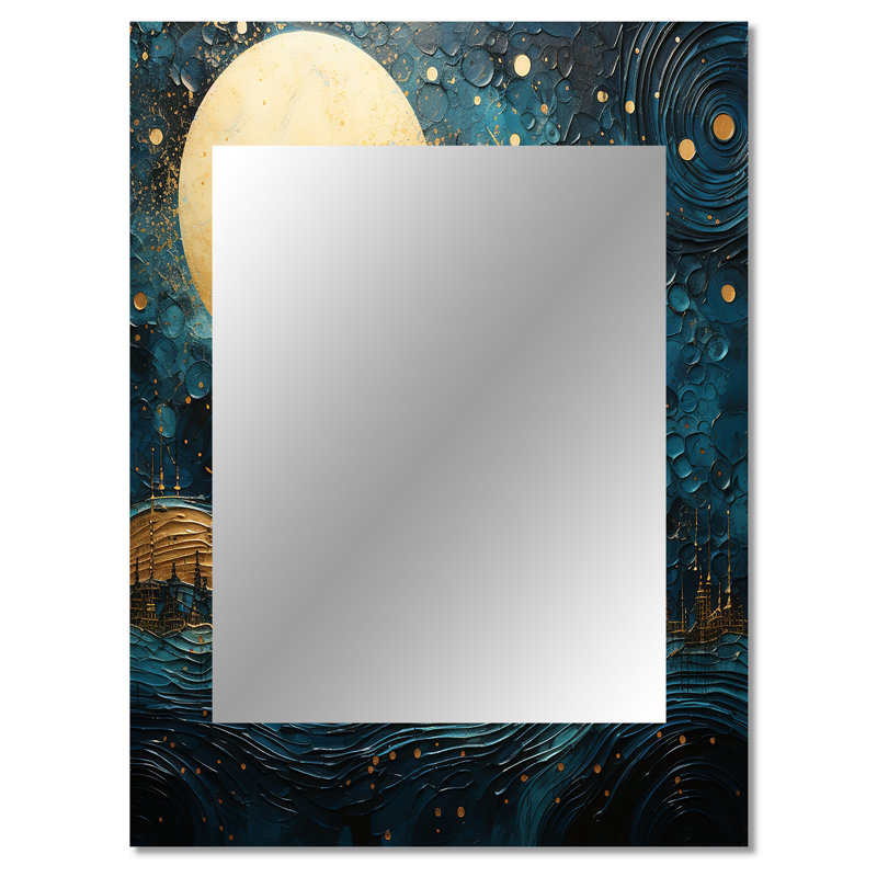 Moon Blue And Gold Cerulean Cycle Dreams V - Moon Unique Mirror, Blue Large Wall Mirror, Printed Metal Art, 40" x 30"