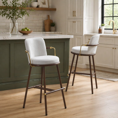 Tabouret de bar d'intérieur rembourré avec structure en métal, finition noyer et revêtement beige, ensemble de 2, alliant robustesse industrielle et élégance intemporelle