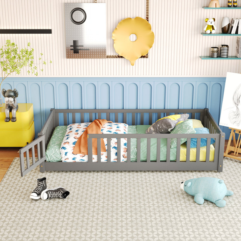 Lit plateforme au sol avec garde-corps et porte, Lit simple, Gris