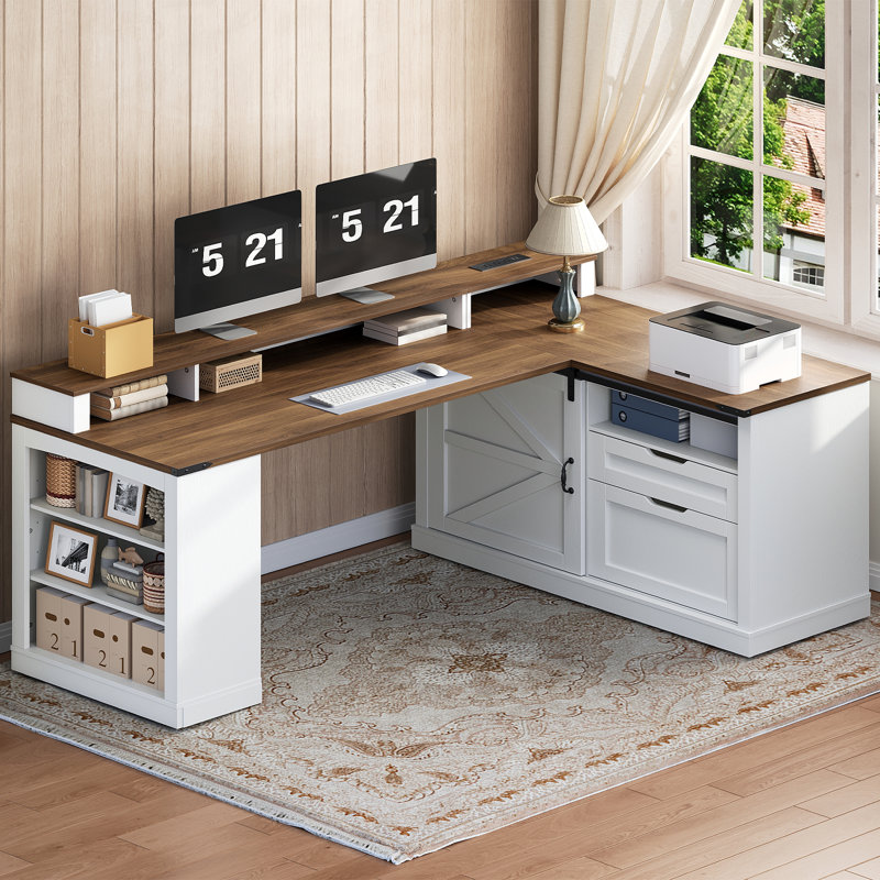 Farmhouse L-shaped 53" Executive Desk with Barn Door & Power Strip Home Office Desk with A4/letter File Storage, White