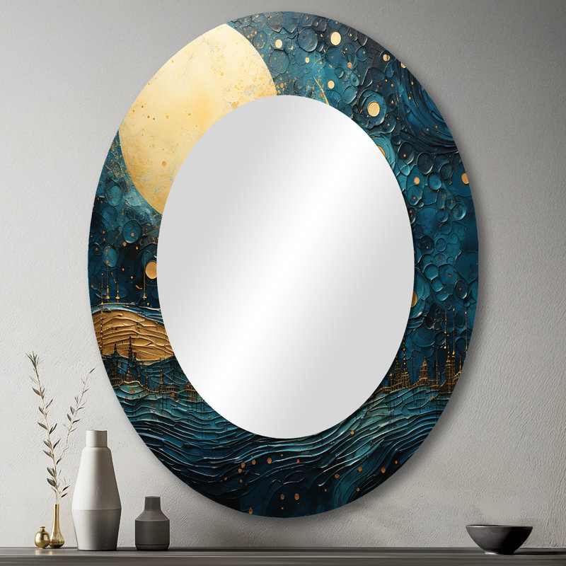 Miroir mural moderne ovale bleu lune et or Cerulean Cycle Dreams V, H 43 po x l 33 po