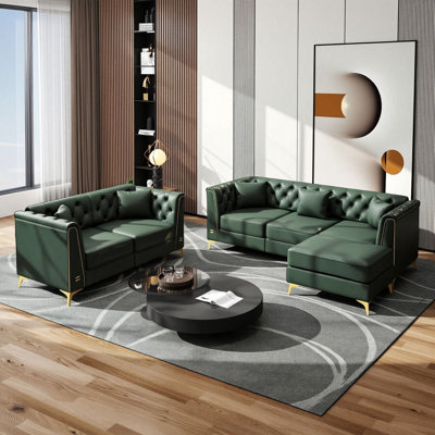 Ensemble de canapé modulaire luxueux en cuir capitonné Chesterfield avec pieds en métal doré
