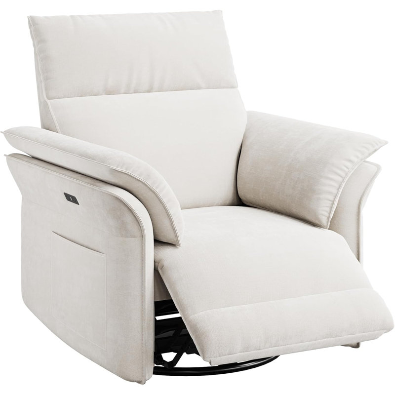 Power Recliner 270° Swivel Glider with USB, Chenille, Warm White, Beige