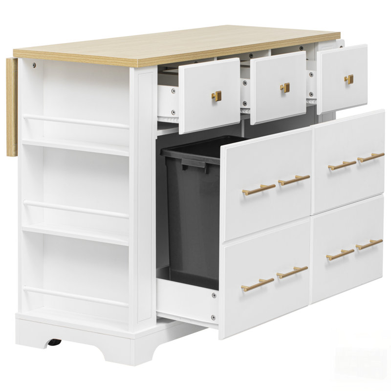 Rolling Kitchen Island With 6 Drawers, Pull Out Trash Can, Drop Leaf, Power Outlet, And 5 Open Side Racks For Efficient Storage And Mobility