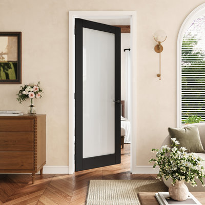 30" X 80" 1-Lite Black Frosted Glass Interior Prehung Door With Black Hinges, Privacy Glass Door Slab With Frame, Sound-Dampening & Waterproof, Suit For Laundry, Closet Doors, Room Doors, Left Hand
