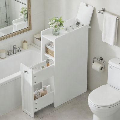 Slim Bathroom Storage Cabinet With Slide-Out Drawer, 4-Tier Freestanding Organizer For Small Spaces, Narrow Design Between Toilet And Wall