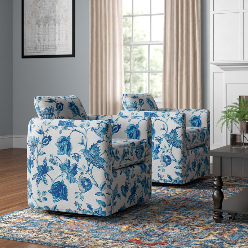 Nicha Floral Upholstered Slipcovered Swivel Barrel Chair (Set Of 2), Turquoise Polyester Blend