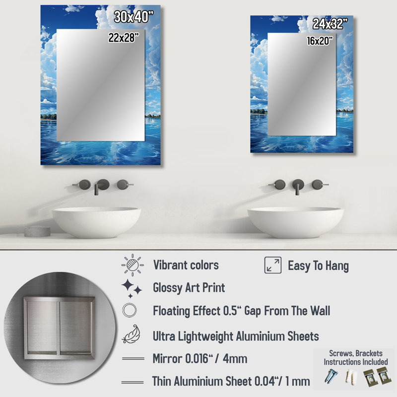 Clouds Skys Canvas X1 - miroir mural grand nuage, miroir traditionnel unique, impression d'art en métal, 32 po x 24 po
