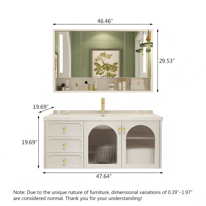 Meuble-lavabo mural moderne en bois d'hévéa couleur crème avec lavabo en céramique intégré et armoire à miroir intelligent