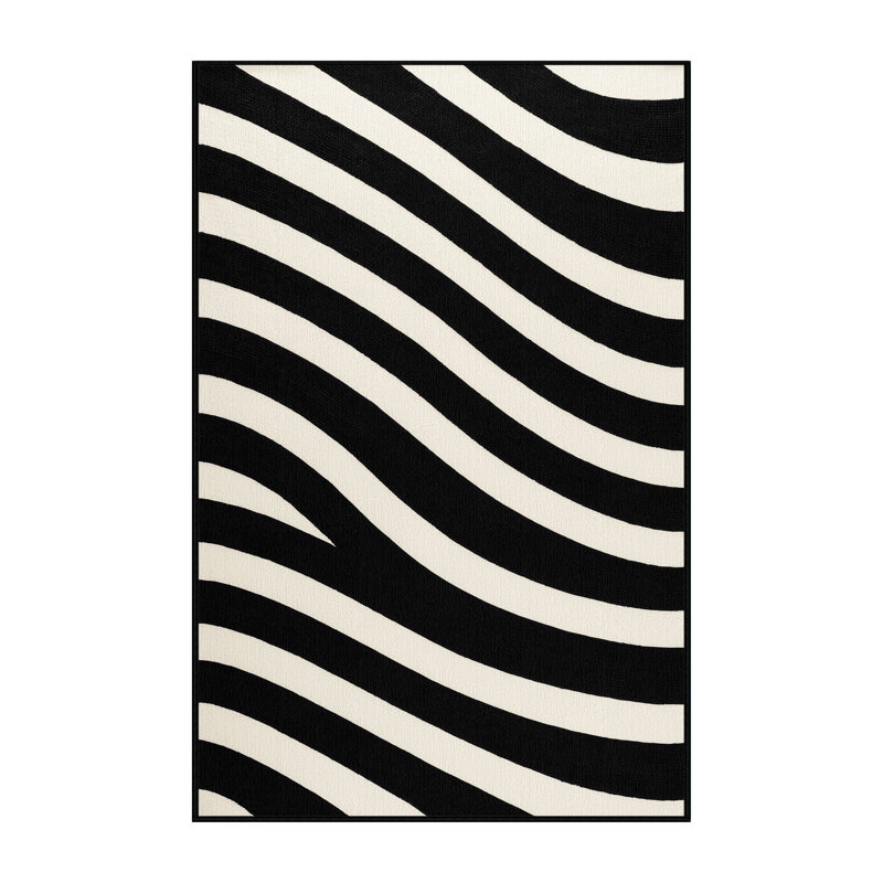 Tapis noir à rayures horizontales lavable à la machine, Rectangle 7 pi x 9 pi