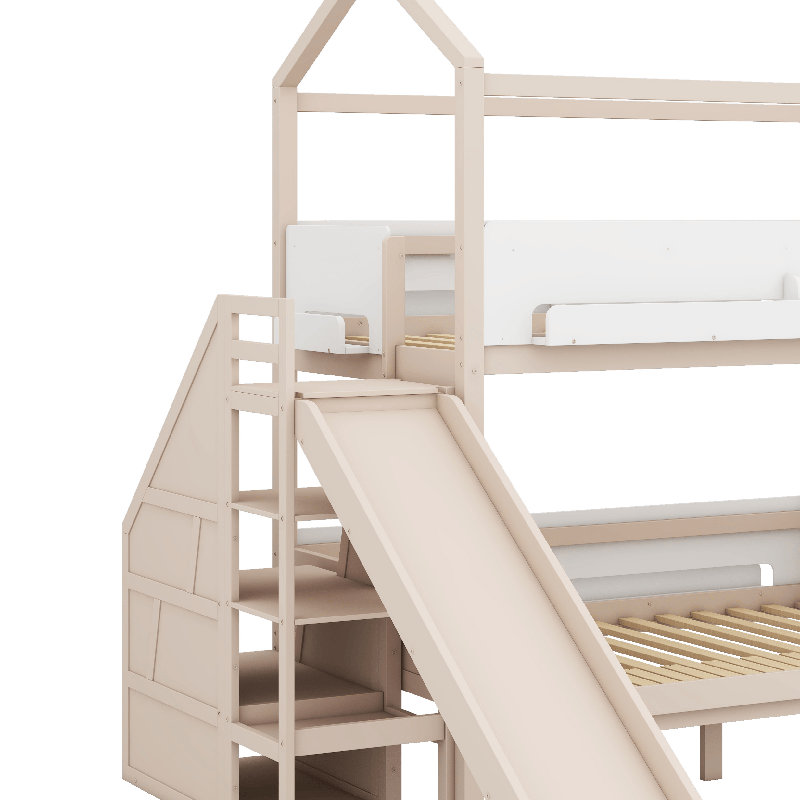 House-Shaped Bunk Bed With Slide And Storage Staircase, Wooden Bunk Bed Frame With Guardrails With Display Shelves