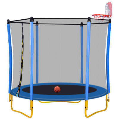 Trampoline 5,5 pi pour enfants - mini trampoline pour tout-petits d'intérieur et extérieur de 65 po avec enceinte, panier de basketball et ballon inclus