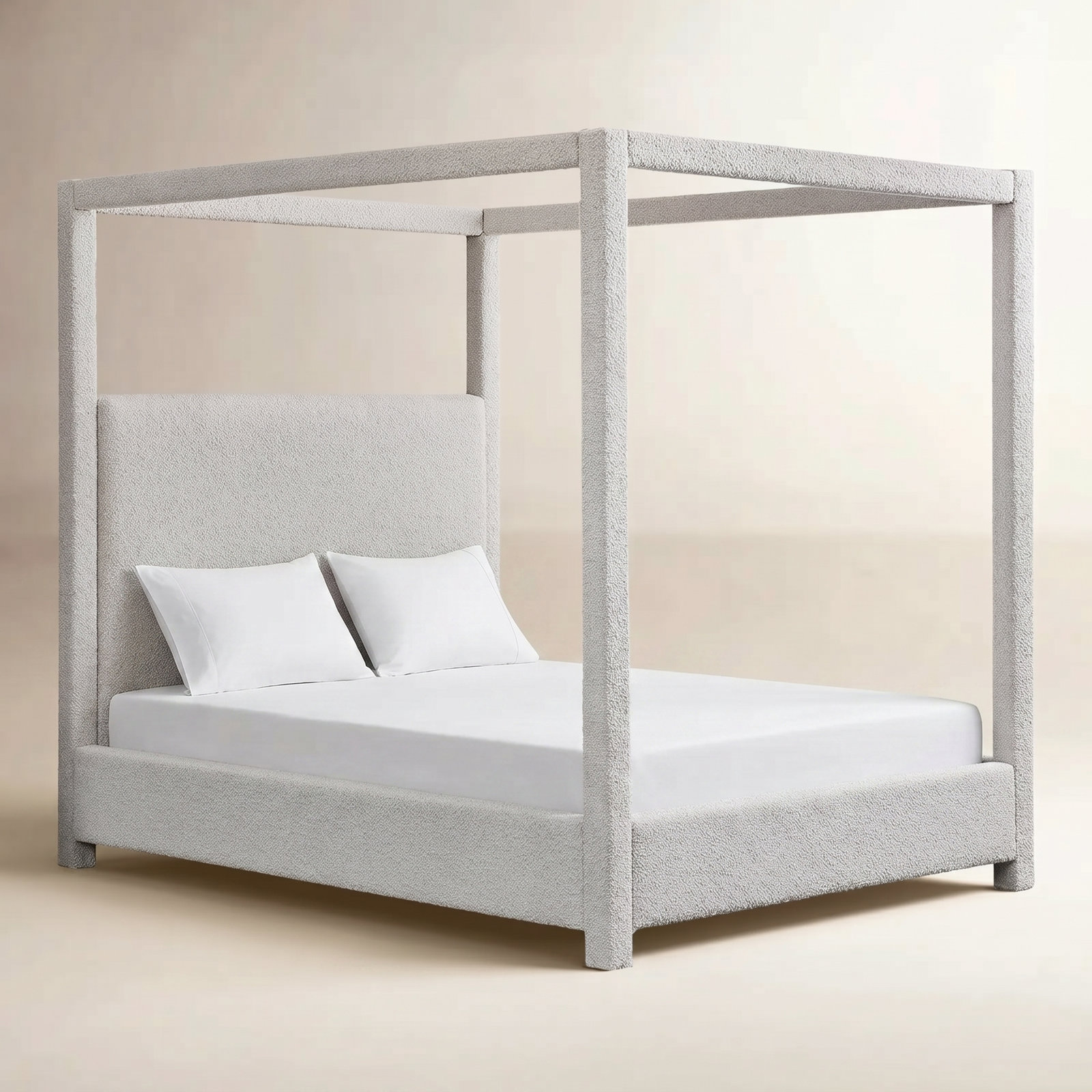Upholstered Canopy Bed, King, Cream Boucle Fabric