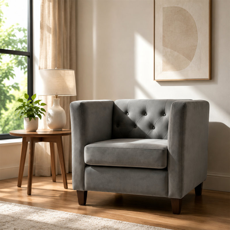 Chaise d'appoint moderne en velours capitonné à boutons avec accoudoirs carrés et pieds en bois massif