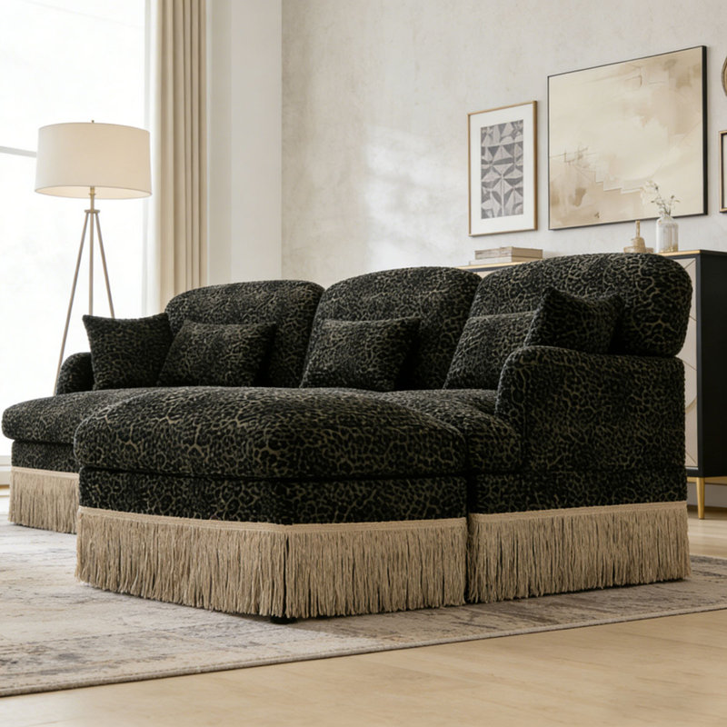 Comfy Chenille Leopard Printing Sofa,Delicate Tassel Edge,Movable Ottomans,Modern Fashion Style, Green+3seat+1Ottomans
