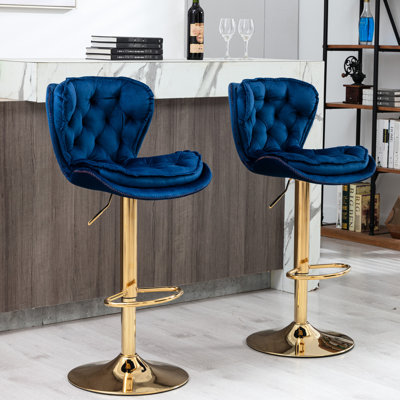Bar Stools Of 2, Swivel And Height Adjustable, Velvet Navy Blue With Golden Leg, Footrest & Base, Foam Filled Fabric 2 Stools, + Adjustable Height, Seat
