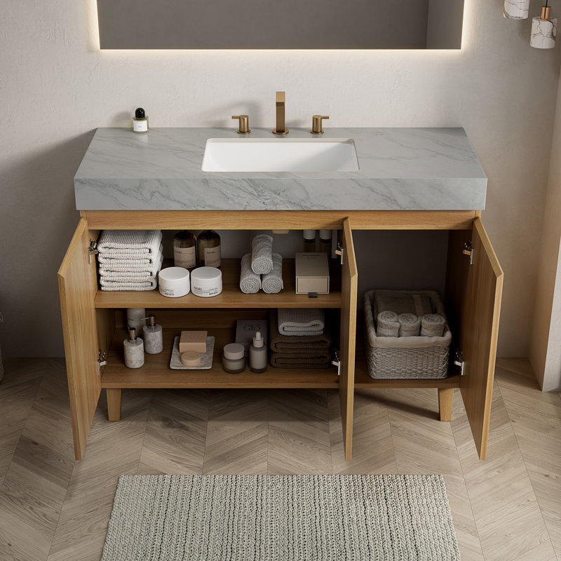 Meuble-lavabo sur pied de 122 cm avec lavabo, comptoir en pierre frittée veinée gris Carrara, aspect bois naturel., L 48 po