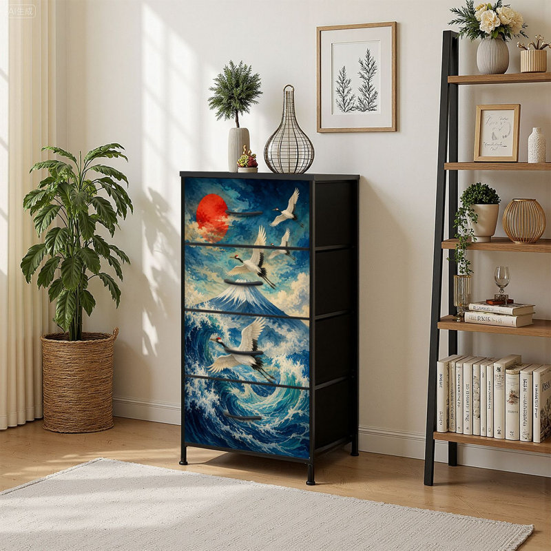 Commode de rangement verticale 4 tiroirs avec grues montantes Sun Dramatic Ocean Waves