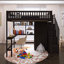 Lit mezzanine double avec cadre en bois, bibliothèque, armoire et tiroirs