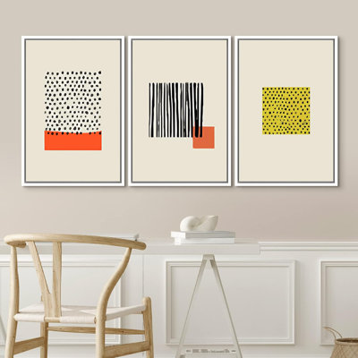 «Geometric Line Minimalist Abstract Lines Yellow Organic Modern Boho», reproduction d'art encadrée sur toile 3 pièces