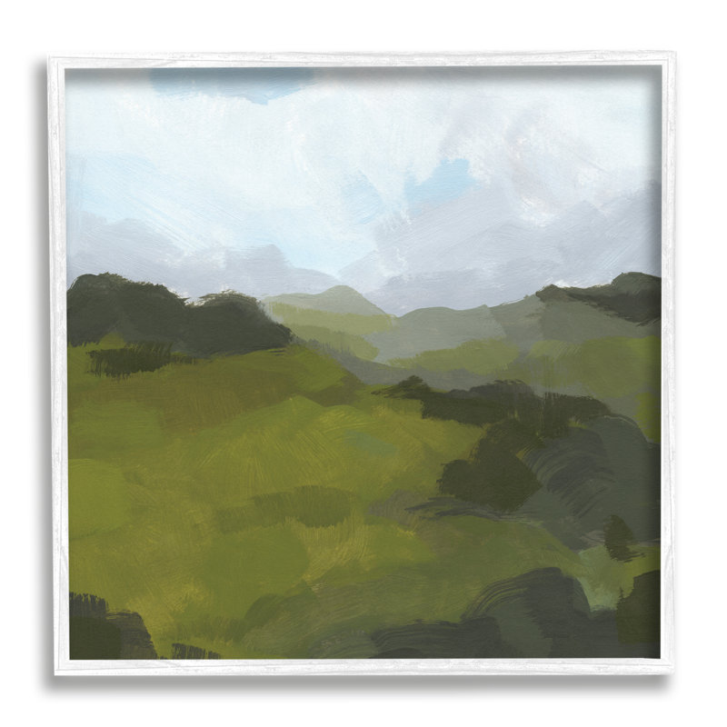 Paysage de prairie vert épais nuageux, Giclée encadrée blanc bord de mer, H 24 po x l 24 po