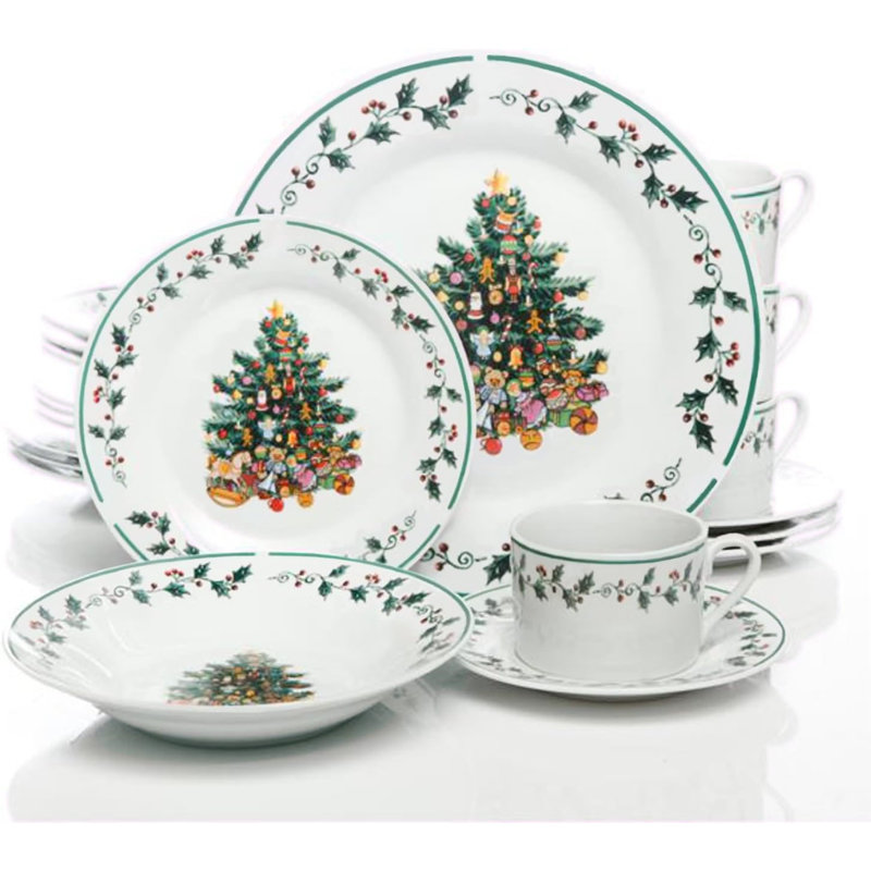 Service de table en céramique 20 pièces Izhak? Vaisselle des Fêtes avec arbre de Noël et motif de houx