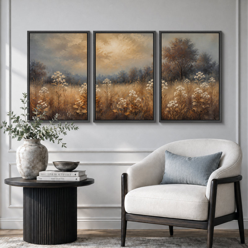 Paysage de prairie fleurie mélancolique, tableau pour chambre, impression giclée sur toile encadrée en 3 pièces - 61 x 91 cm (24 x 36 pouces)
