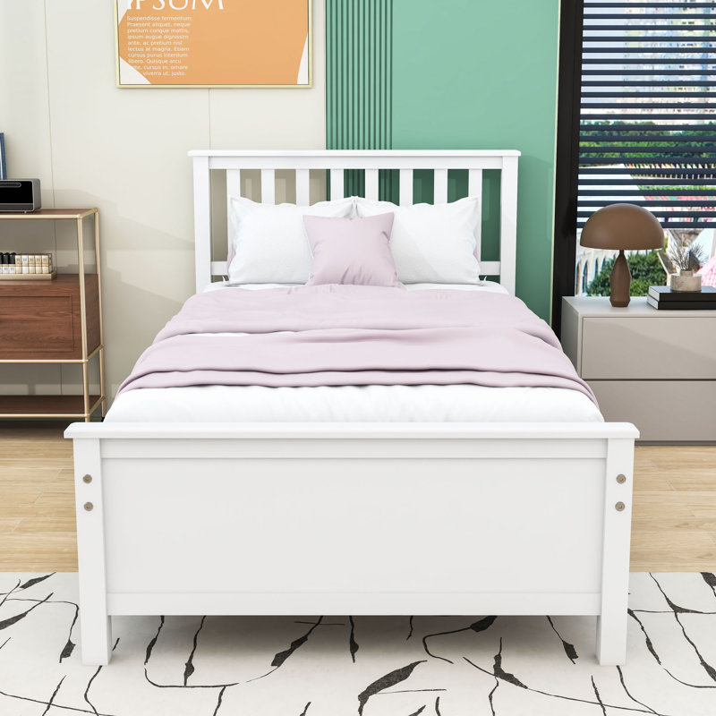 Twin Size Wood Platform Bed with Headboard, White