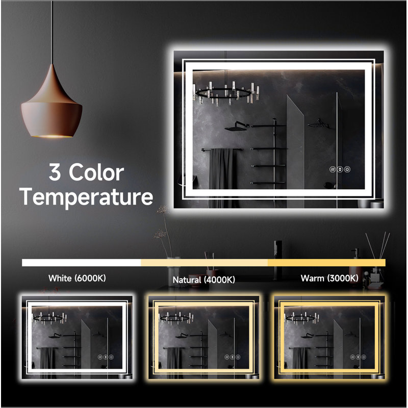 Miroir de salle de bain sans cadre à DEL, miroir intelligent, 24 po x 40 po, Horizontal
