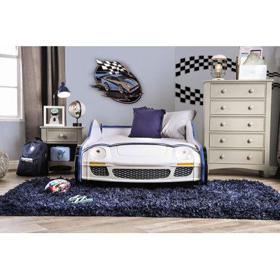 Modern Twin Bed With Police Car Design, High Gloss Finish, LED Lights On Wheels And Headlights, Slat Kit And Metal Structure