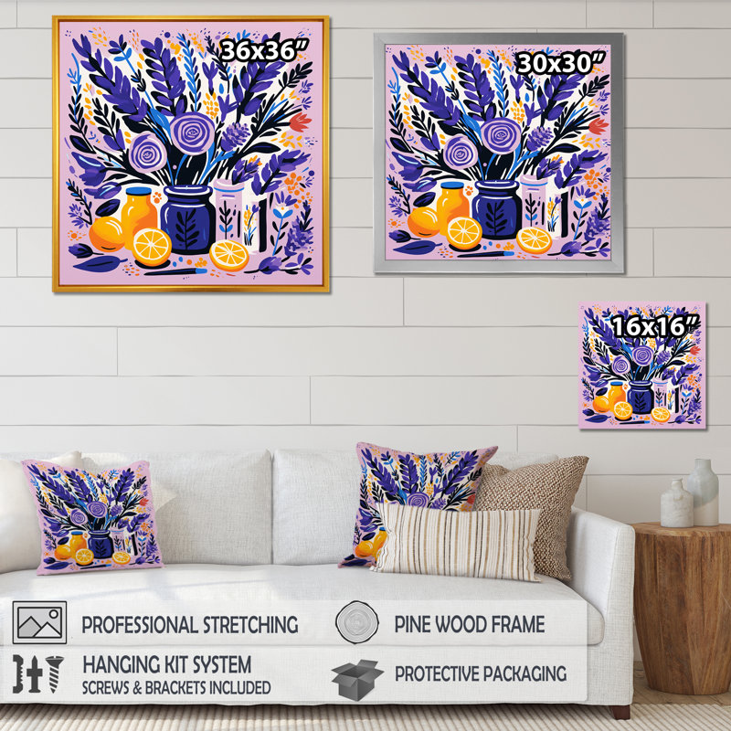 «Mauve Boho Pottery Blooms III - Boho Pottery», art mural, Cadre flottant doré, H 16 po x l 16 po