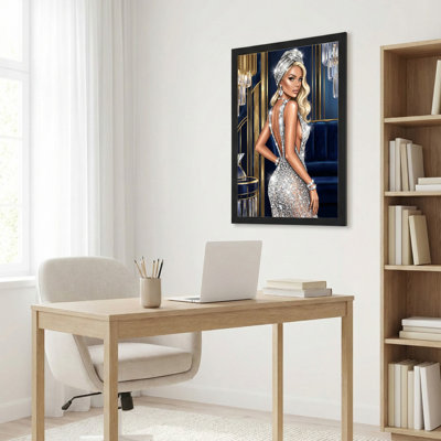 Blonde Woman In Sparkling Silver Dress Artwork Canvas Wrapped Wall Art Oil Painting Print With Luxury Interior Background For Living Room Bedroom Or Office Decor