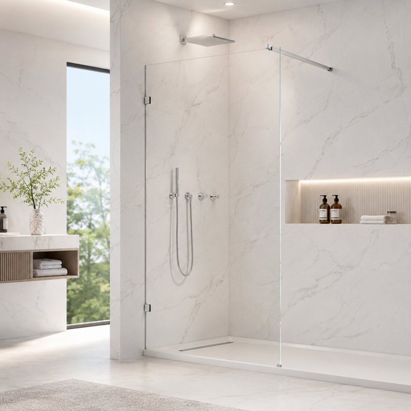 Panneau de douche fixe sans cadre en verre trempé transparent de 10 mm (3/8 po) d'épaisseur, 91,4 cm (36 po) de largeur x 192,8 cm (76 po) de hauteur, avec pellicule de sécurité et nano-revêtement, fixation murale, chromé.