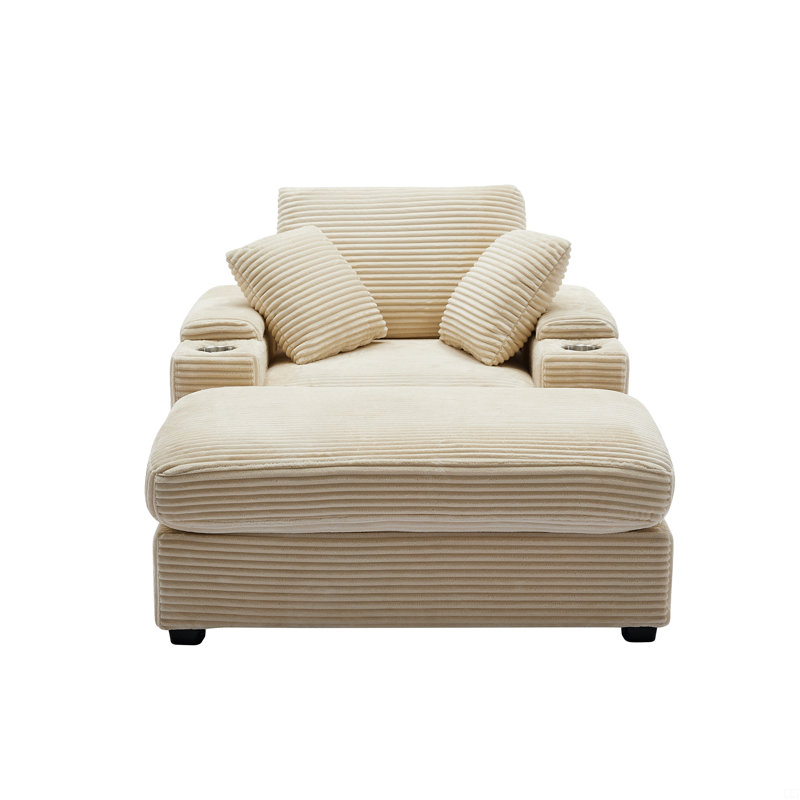 Canapé rembourré en velours côtelé avec rangement main courante et repose-pieds Corduroy, Beige