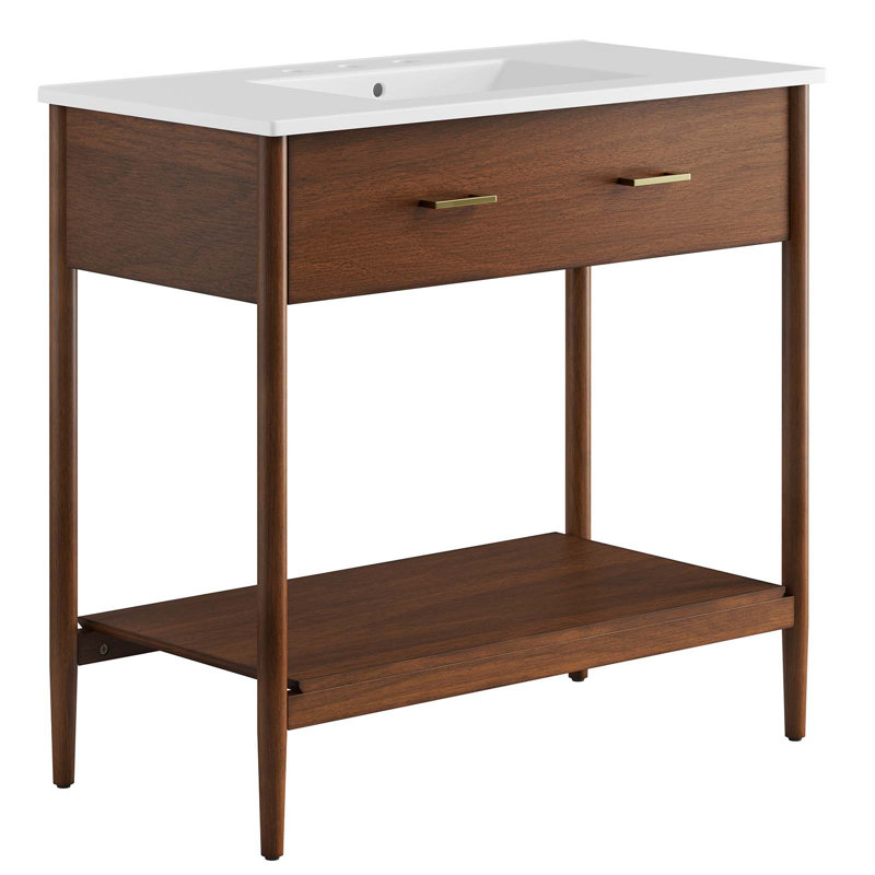 Meuble-lavabo simple 36 po avec plateau en céramique Modway Zaire, Blanc, Noyer