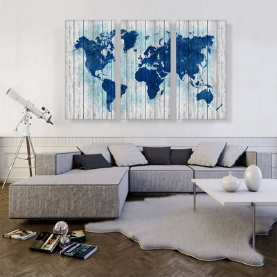 " Navy Blue Gray World Map " 3 - Pieces
