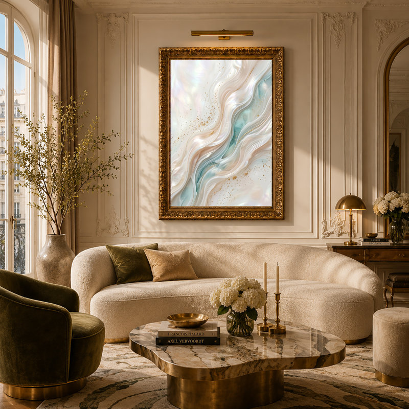 Art mural sur toile bleu et blanc avec tourbillons de marbre liquide et taches d'or, 30"H x 20"W