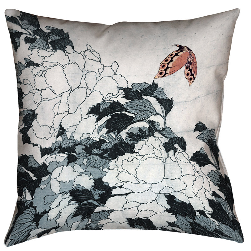 Housse de coussin 100% coton Katsushika Hokusai, 20 po x 20 po, Pêche / gris