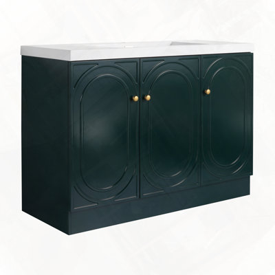 Lavabo de salle de bain autoportant en résine avec trois portes d'armoire à fermeture en douceur