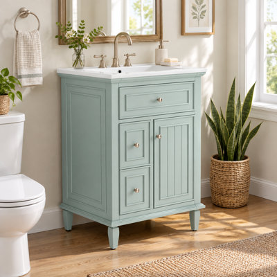 Meuble-lavabo autoportant de 24 po avec lavabo en céramique, cadre gris-bleu en bois massif, tiroir rabattable, tiroirs à fermeture en douceur, tablette réglable