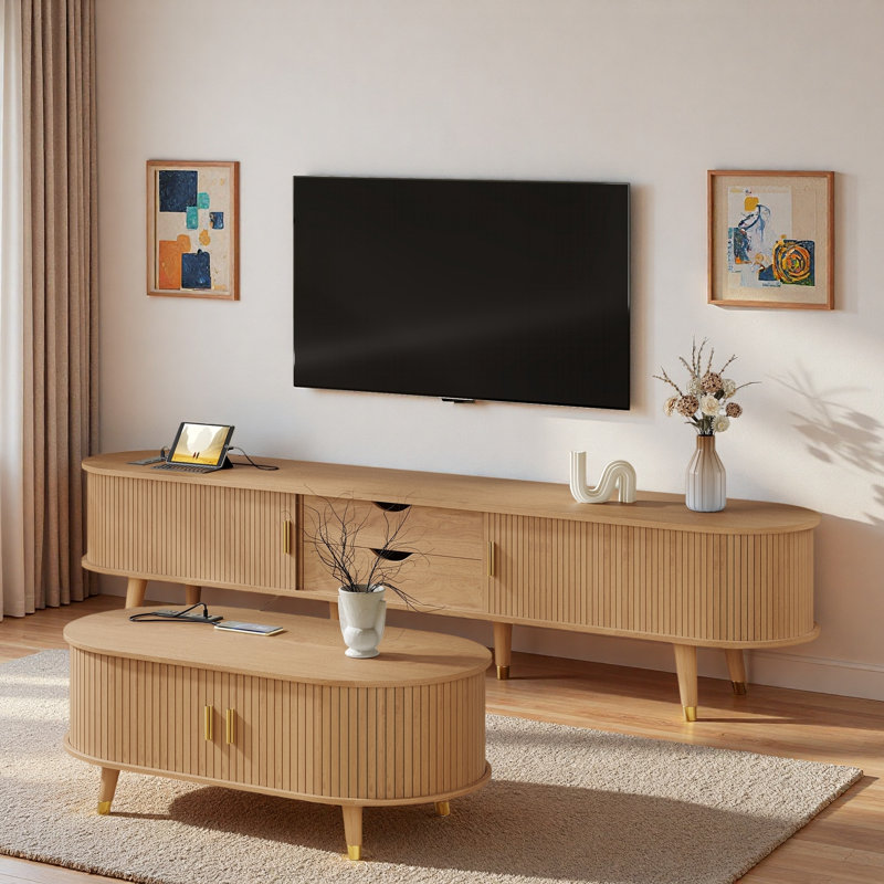 Ensemble de meuble télé et table basse en bois Farmhouse avec station de charge et portes coulissantes