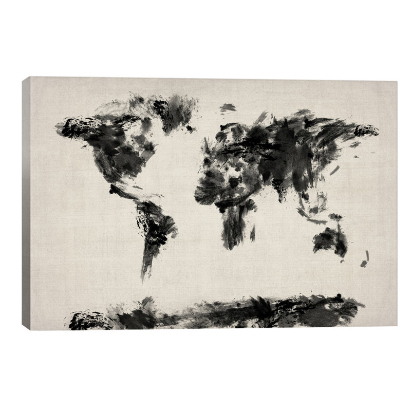 Map Of The World Paint Splashes (Black) by Michael Tompsett - Wrapped Canvas Painting, 101.6 cm H x 66.04 cm W x 3.175 cm D