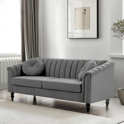 76.5" Velvet Channel-Tufted Chesterfield 3-Seater
