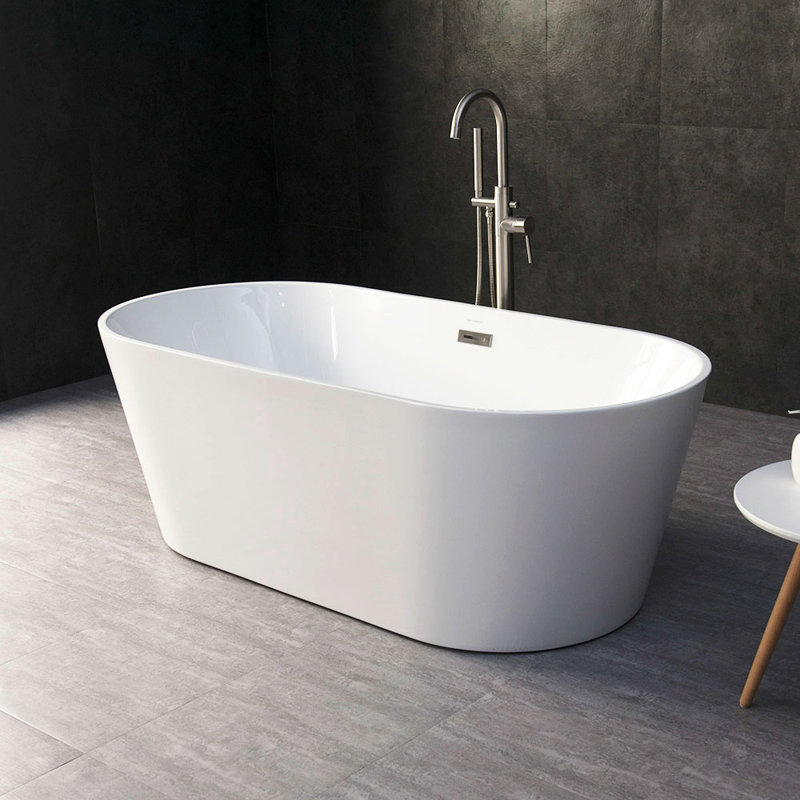 67" x 32" Freestanding Soaking Acrylic Bathtub, Brushed Nickel, White