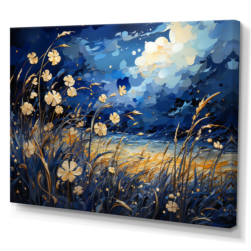 Coquelicots bleu marine - prairie, art mural, Toile tendue, H 34 po x l 44 po x P 1,5 po