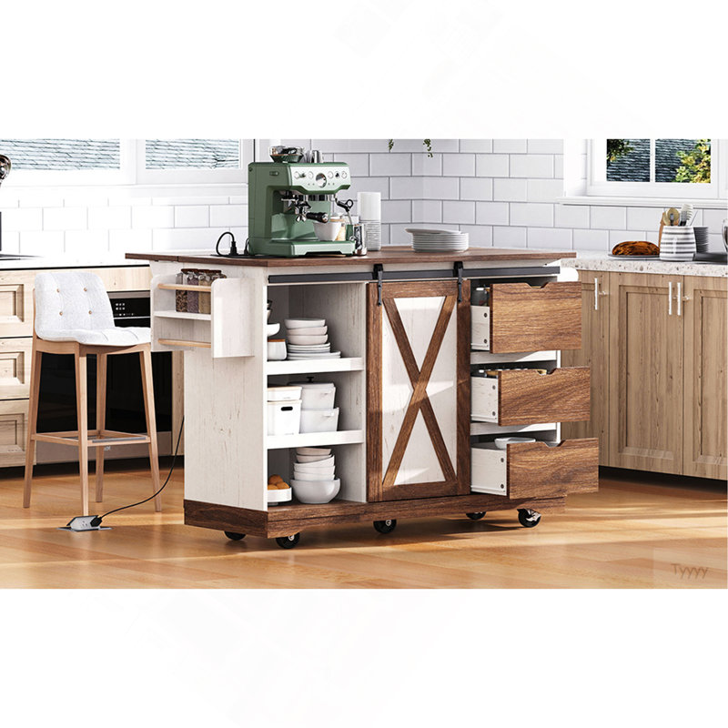 55.5" Farmhouse Kitchen Island With Drop Leaf, Kitchen Storage Island With Barn Door, Power Outlet, Rolling Kitchen Cart On Wheels With Spice Rack, For Home, Kitchen, Dining Room, White
