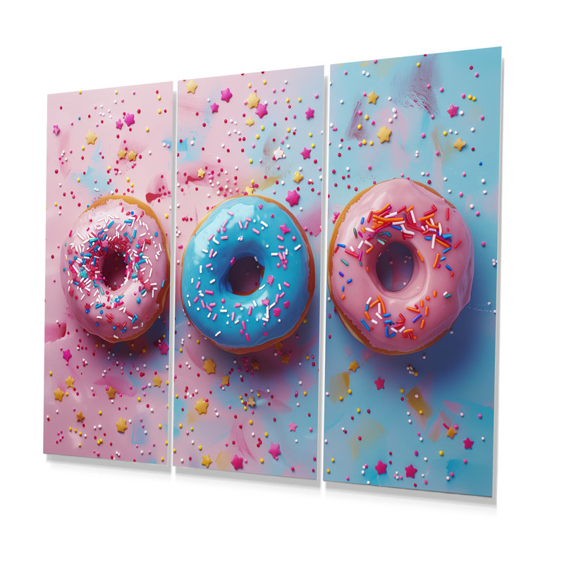 Ensemble de décorations murales délicieuses roses et bleues «Sparkle Donuts I», Métal métal, H 32 po x l 48 po x P 1 po