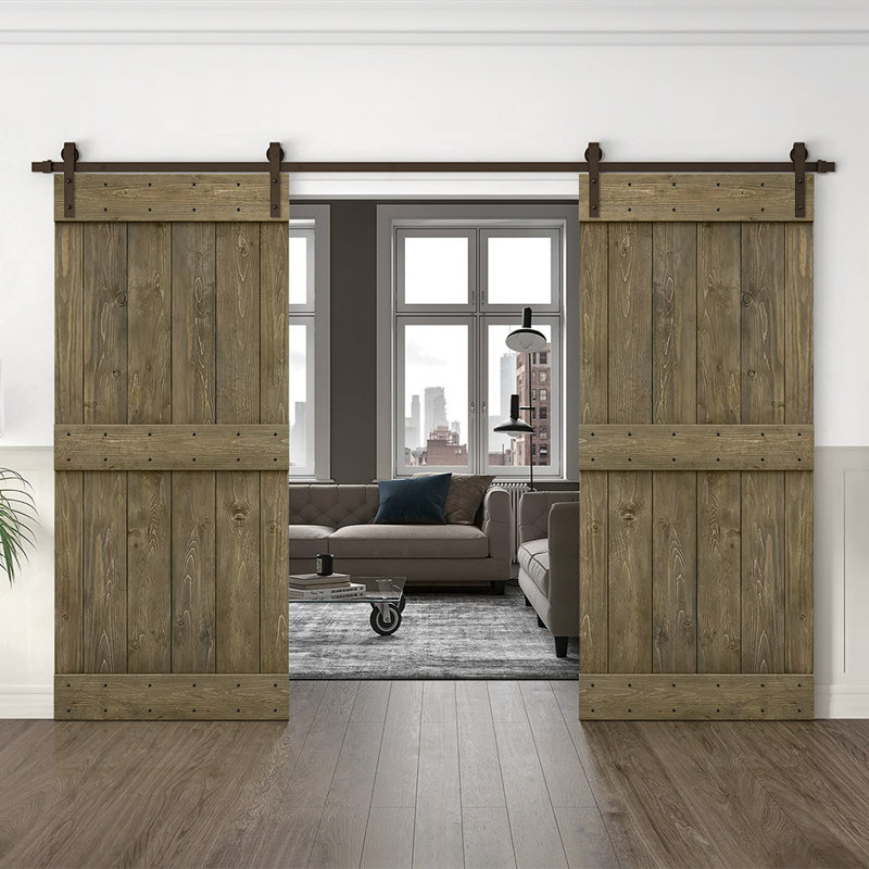 84-in x 84-in Aged Barrel Wood Double Barn Door with Oil-Rubbed Bronze Hardware
